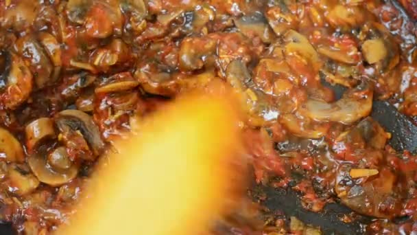 Stirring Boiling Mushroom Sauce Vegetables Pan Close — Stock Video