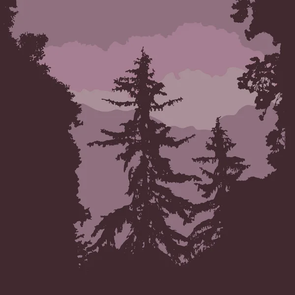 Silueta Vectorial Bosque Con Árboles Coníferas Bajo Cielo Púrpura Con — Vector de stock