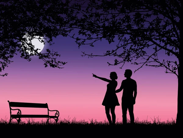 A couple of young people in romantic landscape with trees, bench and moon - vector suitable for valentine card