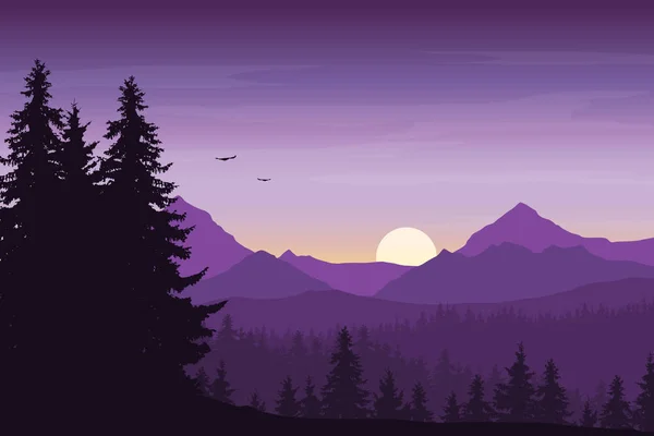 Berglandschaft Mit Wald Unter Violettem Morgenhimmel Mit Aufgehender Sonne Vögeln — Stockvektor