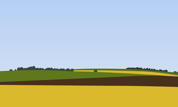 Farm landscapes with green, brown and yellow fields with trees in the background, Beautiful rural nature - Vector Illustration