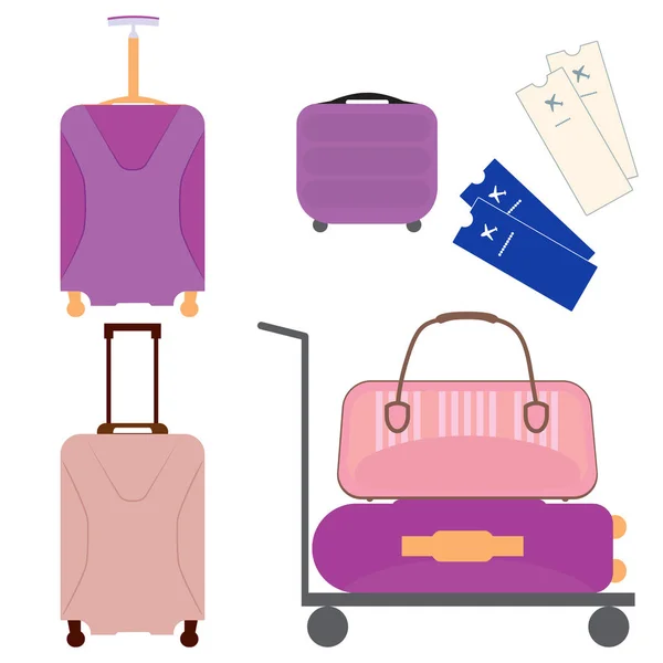 Ensemble Valises Bagages Avec Billets Avion Transport Aéroport Pour Femmes — Image vectorielle