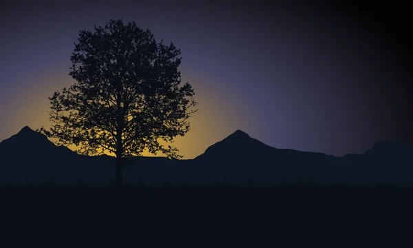 Árbol Con Hierba Montañas Fondo Bajo Cielo Mañana Con Sol — Vector de stock