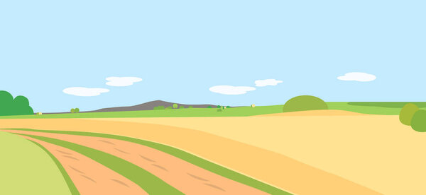 Vector illustration agricultural landscape with fields and meadows, trees and mountain in the background under a blue sky with clouds - flat design