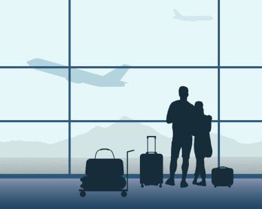 İki yolcu Bagaj ayakta uçan bir uçak ve mavi gökyüzü ile bir Havaalanı salonunda ve dağ içinde belgili tanımlık geçmiş - vektör