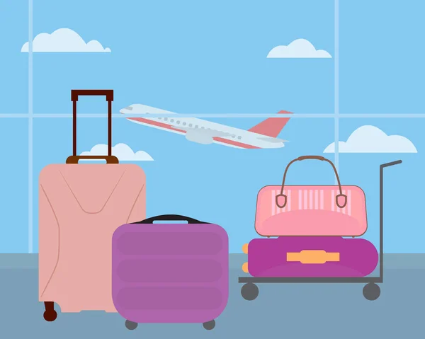 Αποσκευών Στο Αεροδρόμιο Αίθουσα Παράθυρο Ένα Αεροπλάνο Που Φέρουν Και — Διανυσματικό Αρχείο