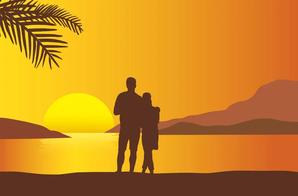 ベクトル太陽とビーチで愛するカップル見ている夕日がオレンジ色の空の下の海の反映 — ストックベクタ