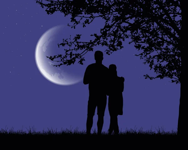 Deux Amoureux Embrassant Regardant Une Lune Lumineuse Sous Ciel Nocturne — Image vectorielle