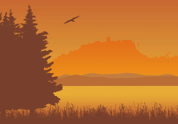 Landscape with lake, grass and trees with silhouette of castle ruins in background, under orange sky with flying eagle - vector