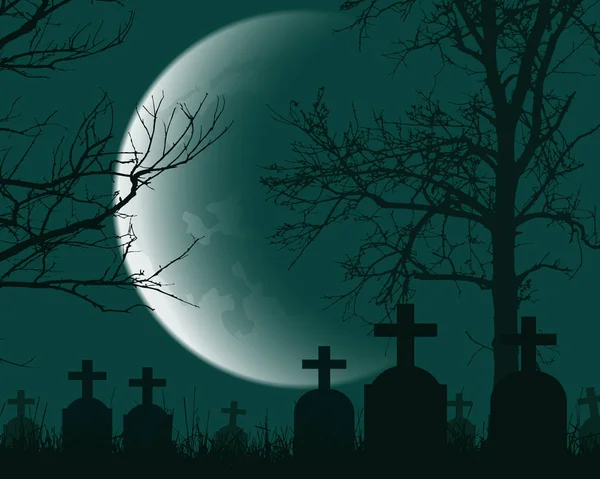 枯死木 三日月 ハロウィーンに適した墓地のベクトル イラスト — ストックベクタ