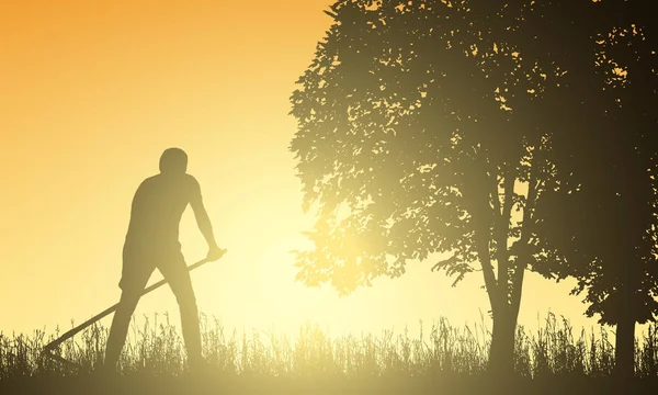 Güneş Doğarken Ağacının Altında Bir Tırpan Ile Biçme Çim Adam — Stok Vektör