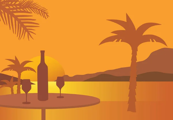 ワインの瓶を持つテーブルと 夕日とオレンジ色の空の下 ヤシの木とビーチでの つのメガネのベクトルします — ストックベクタ