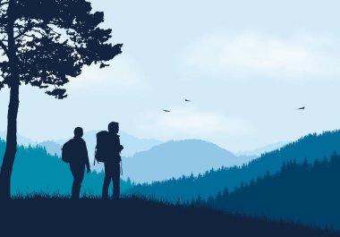 Sırt çantaları ile iki turist dağ manzara orman ile ayakta, bulutlar ve uçan kuşlar - mavi gökyüzü altında vektör
