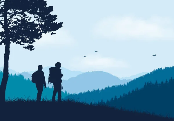二个游人与背包站立在山风景与森林 在蓝色天空下与云彩和飞行鸟 — 图库矢量图片