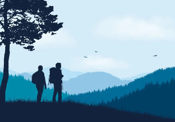 Dos Turistas Con Mochilas Pie Paisaje Montaña Con Bosque Bajo — Vector de stock