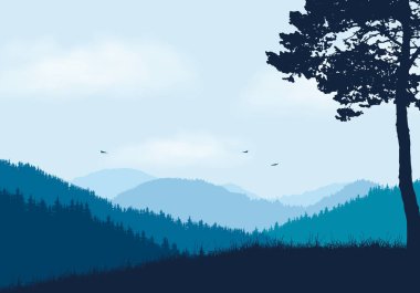 Dağ manzarası ile orman ve hill, ile mavi gökyüzü altında bulutlar ve metniniz için uçan kuşlar - vektör ile uzay