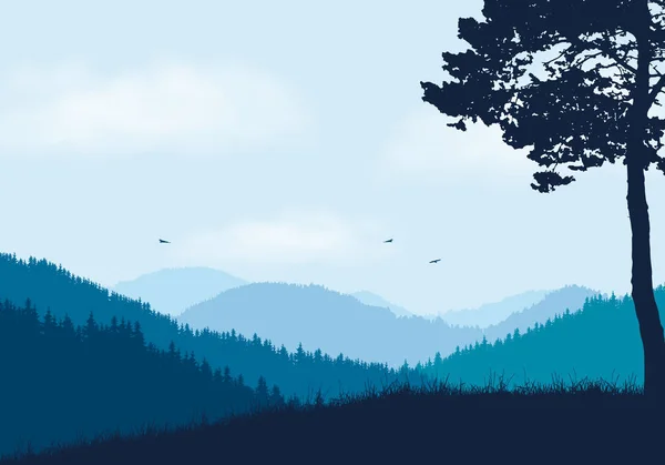Berglandschaft Mit Wald Und Hügel Unter Blauem Himmel Mit Wolken — Stockvektor