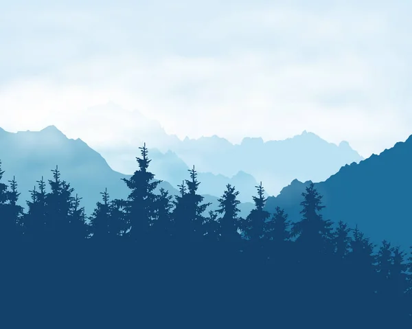 Ilustración Realista Bosque Coníferas Paisaje Montañoso Una Neblina Bajo Cielo — Vector de stock