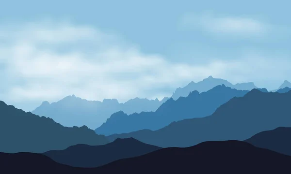 Ilustración Vectorial Siluetas Paisaje Montañoso Con Niebla Nubes Bajo Cielo — Vector de stock