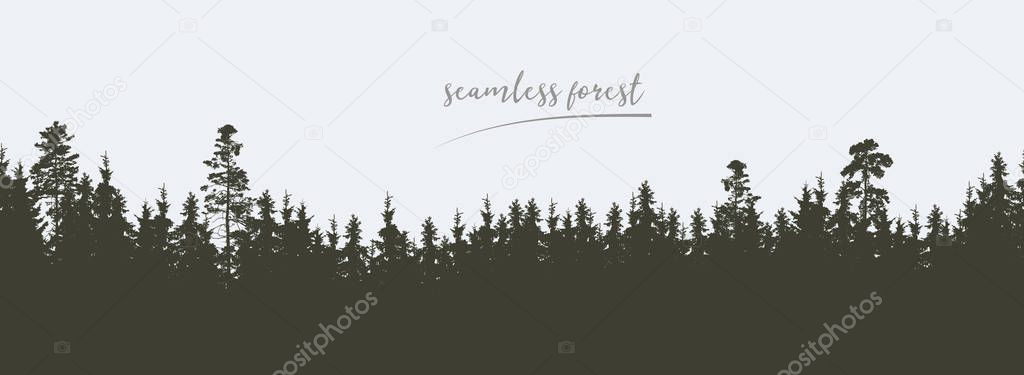 Seamless, wide green silhouette of tree and forest peaks, isolated on background - vector