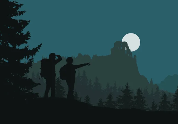 二个游人去城堡废墟 绿色森林在山和山之间 在夜天空下与月亮媒介 — 图库矢量图片