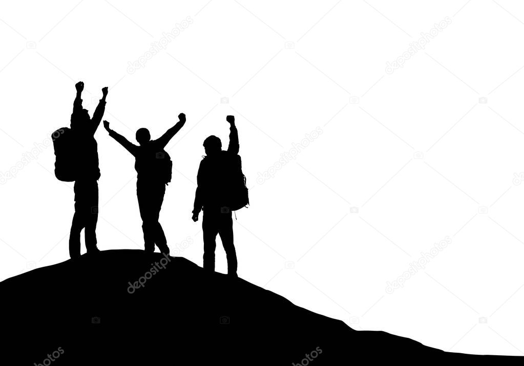 Three tourists with backpacks on top of a mountain rejoice in success - vector