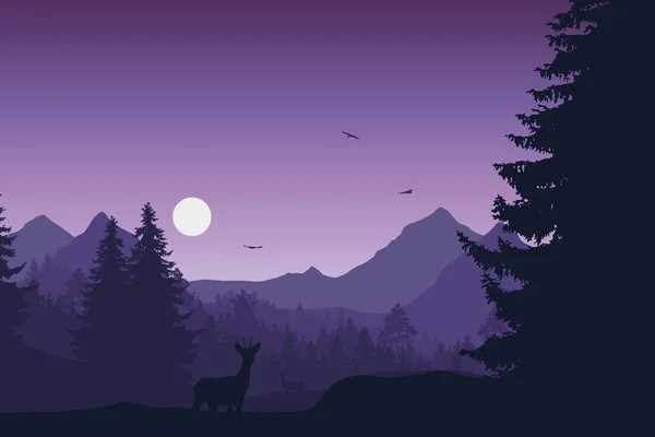 山の風景の森 鹿と月または太陽と飛ぶ鳥 夕方の空の下 Doe とベクトル — ストックベクタ