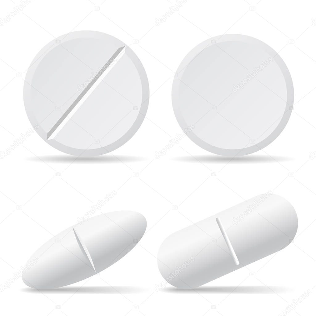 Set of vector illustrations of drug pills with shadows, round and oval - isolated on white background
