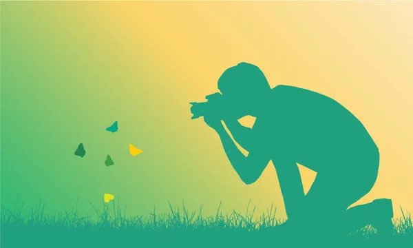 Realistic Illustration Young Man Photographing Flying Butterflies Lawn Vector — Stock Vector
