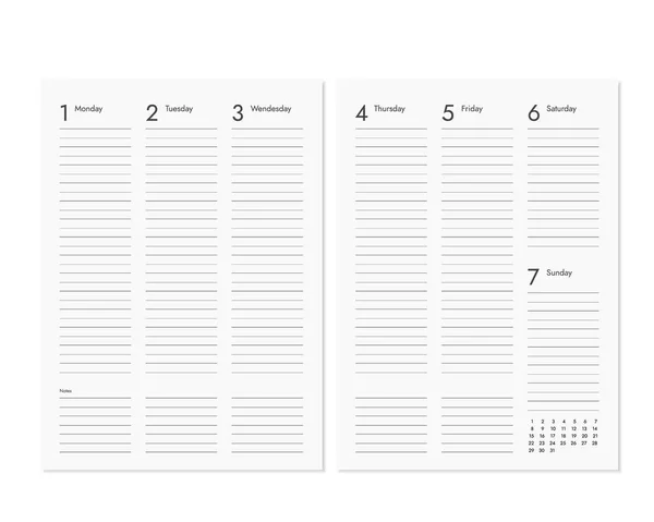 Pages Journal Vierges Réalistes Avec Calendrier Hebdomadaire Mensuel Vecteur — Image vectorielle