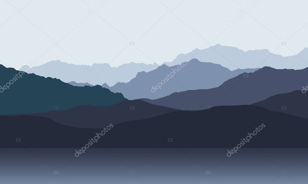 Mountain landscape with hills on shore of lake or sea, under morning or evening gray sky - vector