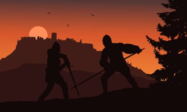 İki savaşçı bir ortaçağ kalesi - Slovakya, SPI kale kalıntıları altında bir ormandaki mücadele vector silhouettes