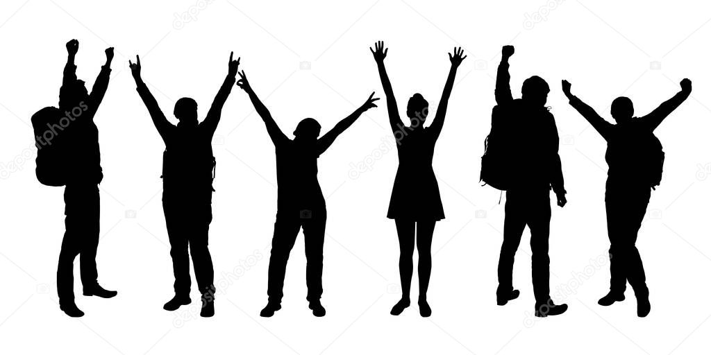Set of realistic silhouettes of people enjoying with hands up - vector