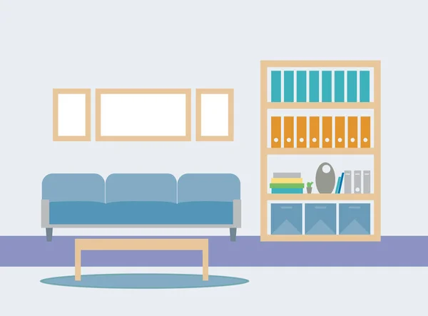 Flache Designillustration Eines Wohnzimmers Mit Sitz Einem Bücherregal Mit Büchern — Stockvektor