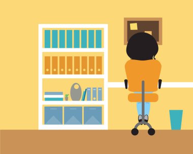 Genç kadın bir sandalyede tablo ve çöp can, bir odada oturuyor ve evden çalışan veya okulda okuyan veya ödev yazmak - vektör