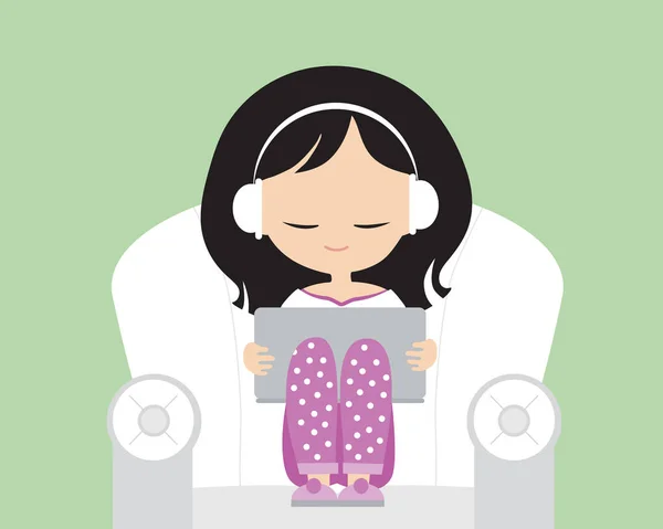 Mujer Joven Con Auriculares Pijama Rosa Sillón Con Reposabrazos Sosteniendo — Vector de stock