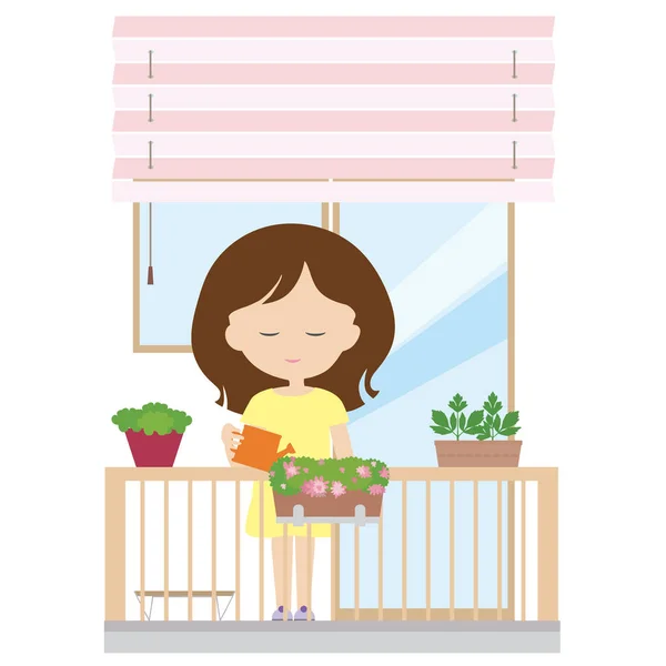 站在阳台上的年轻女子手里拿着水壶 在花盆里浇花 窗户和窗帘在背景向量中 — 图库矢量图片