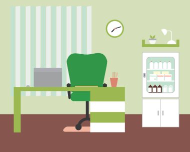 Office ya da yeşil Panjur ile duvar - vektör doktor ofisi saat ve rafta masa ve sandalye, dizüstü bilgisayar ve ilaç kutusu ile
