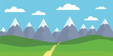 Dağ manzarası, çayır ve çim, yol hills, bulutlar - düz tasarlamak vektör ile mavi gökyüzü altında önünde karlı zirveleri ile