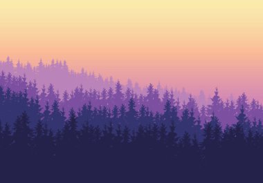 Birkaç kat altında mor sarı ile iğne yapraklı orman gökyüzü şafak veya metin alanı olan vektör günbatımı-