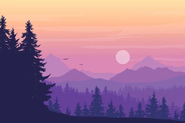 Пейзаж Високими Горами Хвойними Лісами Декількох Шарах Літаючими Птахами Сонцем — стоковий вектор