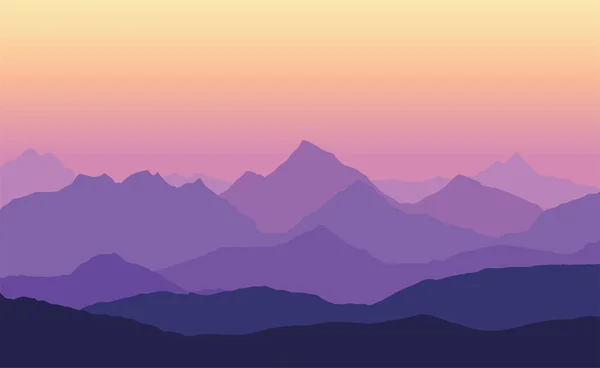 Vector Illustration Mountain Landscape Multiple Layers Fog Yellow Purple Sky — Stock Vector