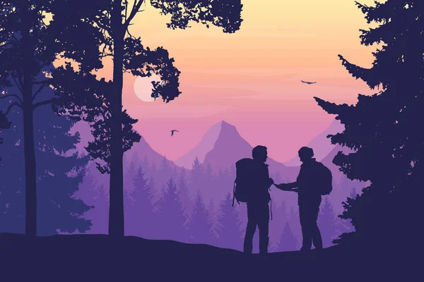 Two tourists, man and woman with backpacks together standing in the woods looking for a path on the map, mountain landscape with flying birds, purple sky, rising sun and clouds - vector