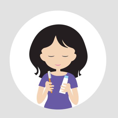 Gülümseyen ve aynanın önünde elinde duran genç kadın diş fırçası ve diş macunu, holding beyaz arka plan üzerinde - daire vektör, düz tasarım izole