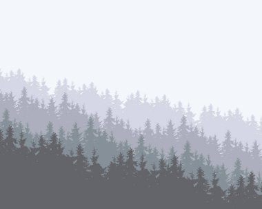 Karlı iğne yapraklı orman birkaç kat, kış soğuk renkleri, metin için-yer ile bir tepenin üzerinde vektör