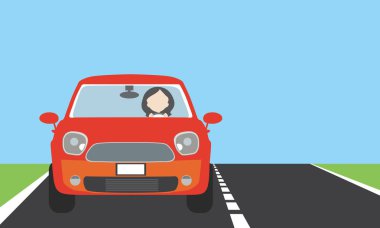 Genç kadın bir yolda veya otobanda çim, mavi gökyüzü ile metin için-yer üzerinde kırmızı bir araba sürüş vektör, düz tasarım