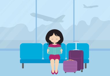 Düz tasarlamak bir bavul ve Havaalanı lobide bir koltukta oturan, bir kitap okumak, bir uçak için bekleyen Bagaj ile genç bir kadın. İş gezisi ya da tatil seyahat. Vektör