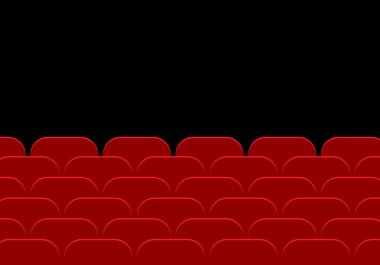 Boş sinema salonu ya da tiyatro ve satır kırmızı oditoryum koltuk siyah bir arka plan - vektör düz tasarımı, metin için yer ile
