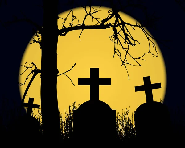 乾燥木枝 墓石墓地で十字架と暗く青い空 ハロウィーン パーティーでカードまたは招待状として適するの輝く黄色い月の満月とのハロウィーン風景のベクトル イラスト — ストックベクタ