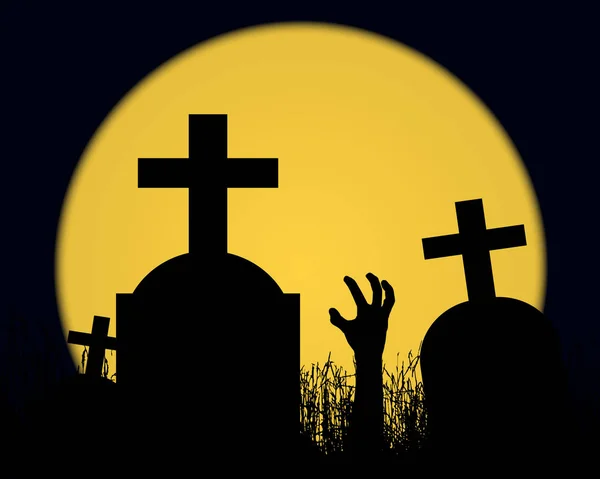 Vector Illustration Halloween Landscape Zombie Hand Gravestones Cross Cemetery Shining — Stock Vector